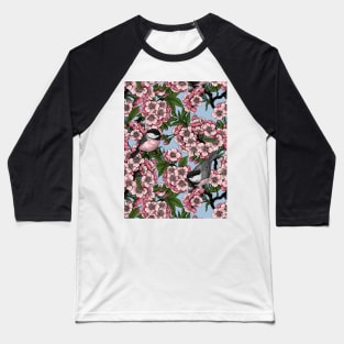 Cherry blossom and chickadees on sky blue Baseball T-Shirt